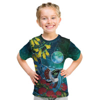 New Zealand Tui Bird Kid T Shirt Maori Koru With Pohutukawa Galaxy Style LT05 Blue - Polynesian Pride