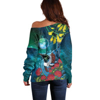 New Zealand Tui Bird Off Shoulder Sweater Maori Koru With Pohutukawa Galaxy Style LT05 - Polynesian Pride
