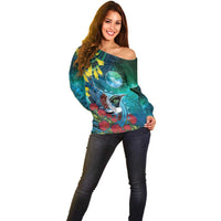 New Zealand Tui Bird Off Shoulder Sweater Maori Koru With Pohutukawa Galaxy Style LT05 - Polynesian Pride