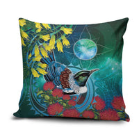 New Zealand Tui Bird Pillow Cover Maori Koru With Pohutukawa Galaxy Style - Polynesian Pride