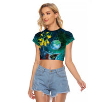 New Zealand Tui Bird Raglan Cropped T Shirt Maori Koru With Pohutukawa Galaxy Style LT05 Female Blue - Polynesian Pride
