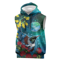 New Zealand Tui Bird Sleeveless Hoodie Maori Koru With Pohutukawa Galaxy Style - Polynesian Pride