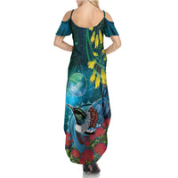 New Zealand Tui Bird Summer Maxi Dress Maori Koru With Pohutukawa Galaxy Style LT05 - Polynesian Pride