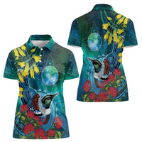 New Zealand Tui Bird Women Polo Shirt Maori Koru With Pohutukawa Galaxy Style - Polynesian Pride
