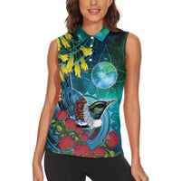 New Zealand Tui Bird Women Sleeveless Polo Shirt Maori Koru With Pohutukawa Galaxy Style - Polynesian Pride