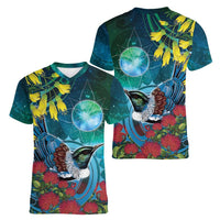 New Zealand Tui Bird Women V-Neck T-Shirt Maori Koru With Pohutukawa Galaxy Style - Polynesian Pride
