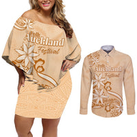 Personalised New Zealand Auckland Folk Festival Couples Matching Off Shoulder Short Dress and Long Sleeve Button Shirt Vintage Style LT05 Brown - Polynesian Pride