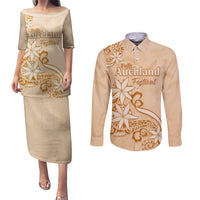 Personalised New Zealand Auckland Folk Festival Couples Matching Puletasi Dress and Long Sleeve Button Shirt Vintage Style LT05 Brown - Polynesian Pride