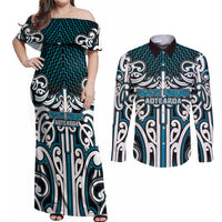 Custom Aotearoa Ngati Porou Couples Matching Off Shoulder Maxi Dress and Long Sleeve Button Shirt Maori Tribal Pattern Mix Poutama