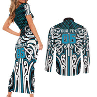 Custom Aotearoa Ngati Porou Couples Matching Short Sleeve Bodycon Dress and Long Sleeve Button Shirt Maori Tribal Pattern Mix Poutama