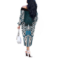 Custom Aotearoa Ngati Porou Off The Shoulder Long Sleeve Dress Maori Tribal Pattern Mix Poutama