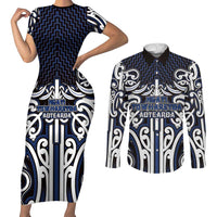 Custom Aotearoa Ngati Tuwharetoa Couples Matching Short Sleeve Bodycon Dress and Long Sleeve Button Shirt Maori Tribal Pattern Mix Poutama