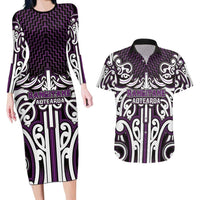 Custom Aotearoa Rangitane Couples Matching Long Sleeve Bodycon Dress and Hawaiian Shirt Maori Tribal Pattern Mix Poutama
