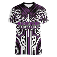 Custom Aotearoa Rangitane Women V-Neck T-Shirt Maori Tribal Pattern Mix Poutama LT05 Female Purple - Polynesian Pride