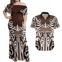 Custom Aotearoa Waikato Couples Matching Off Shoulder Maxi Dress and Hawaiian Shirt Maori Tribal Pattern Mix Poutama LT05 Orange - Polynesian Pride