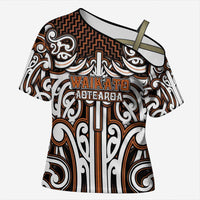 Custom Aotearoa Waikato Cross Shoulder Shirt Maori Tribal Pattern Mix Poutama LT05 Female Orange - Polynesian Pride