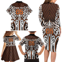 Custom Aotearoa Waikato Family Matching Long Sleeve Bodycon Dress and Hawaiian Shirt Maori Tribal Pattern Mix Poutama