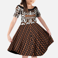 Custom Aotearoa Waikato Family Matching Short Sleeve Bodycon Dress and Hawaiian Shirt Maori Tribal Pattern Mix Poutama LT05 Daughter's Dress Orange - Polynesian Pride
