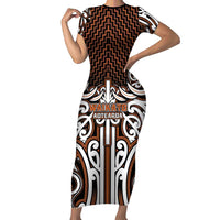 Custom Aotearoa Waikato Family Matching Short Sleeve Bodycon Dress and Hawaiian Shirt Maori Tribal Pattern Mix Poutama LT05 Mom's Dress Orange - Polynesian Pride