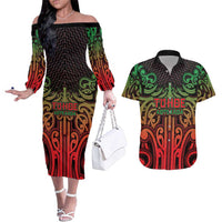 Custom Aotearoa Tuhoe Couples Matching Off The Shoulder Long Sleeve Dress and Hawaiian Shirt Maori Tribal Pattern Mix Poutama LT05 Black - Polynesian Pride