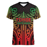 Custom Aotearoa Tuhoe Women V-Neck T-Shirt Maori Tribal Pattern Mix Poutama LT05 Female Black - Polynesian Pride