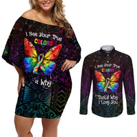 I See Your True Colors Personalised Couples Matching Off Shoulder Short Dress and Long Sleeve Button Shirt Autism Awareness LT05 Black - Polynesian Pride