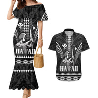 Personalised Hawaii Happy King Kamehameha Day Couples Matching Mermaid Dress and Hawaiian Shirt Kakau Pattern LT05 Black - Polynesian Pride