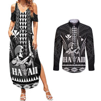 Personalised Hawaii Happy King Kamehameha Day Couples Matching Summer Maxi Dress and Long Sleeve Button Shirt Kakau Pattern LT05 Black - Polynesian Pride