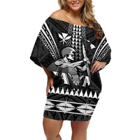 Personalised Hawaii Happy King Kamehameha Day Off Shoulder Short Dress Kakau Pattern LT05 Women Black - Polynesian Pride