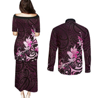 Matariki New Zealand Couples Matching Puletasi and Long Sleeve Button Shirt Maori Pattern Pink Galaxy LT05 - Polynesian Pride