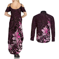 Matariki New Zealand Couples Matching Summer Maxi Dress and Long Sleeve Button Shirt Maori Pattern Pink Galaxy LT05 - Polynesian Pride