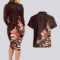 Matariki New Zealand Couples Matching Long Sleeve Bodycon Dress and Hawaiian Shirt Maori Pattern Red Galaxy