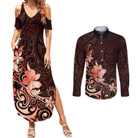 Matariki New Zealand Couples Matching Summer Maxi Dress and Long Sleeve Button Shirt Maori Pattern Red Galaxy LT05 Red - Polynesian Pride