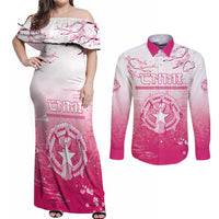 Personalized Sakura Marianas Couples Matching Off Shoulder Maxi Dress and Long Sleeve Button Shirt CNMI Seal