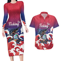 Guam Blue Marlin Fishing Couples Matching Long Sleeve Bodycon Dress and Hawaiian Shirt Polynesian Style