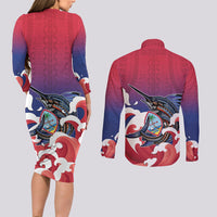 Guam Blue Marlin Fishing Couples Matching Long Sleeve Bodycon Dress and Long Sleeve Button Shirt Polynesian Style