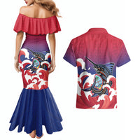Guam Blue Marlin Fishing Couples Matching Mermaid Dress and Hawaiian Shirt Polynesian Style