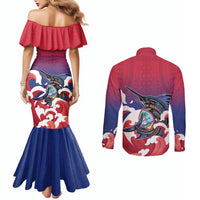 Guam Blue Marlin Fishing Couples Matching Mermaid Dress and Long Sleeve Button Shirt Polynesian Style