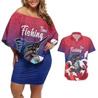 Guam Blue Marlin Fishing Couples Matching Off Shoulder Short Dress and Hawaiian Shirt Polynesian Style