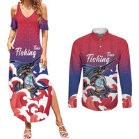 Guam Blue Marlin Fishing Couples Matching Summer Maxi Dress and Long Sleeve Button Shirt Polynesian Style