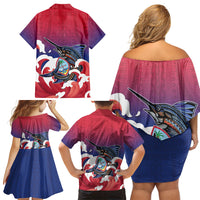 Guam Blue Marlin Fishing Family Matching Off Shoulder Short Dress and Hawaiian Shirt Polynesian Style LT05 - Polynesian Pride