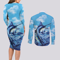 Hawaii Blue Marlin Fishing Couples Matching Long Sleeve Bodycon Dress and Long Sleeve Button Shirt