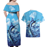 Hawaii Blue Marlin Fishing Couples Matching Off Shoulder Maxi Dress and Hawaiian Shirt