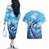 Hawaii Blue Marlin Fishing Couples Matching Off The Shoulder Long Sleeve Dress and Hawaiian Shirt