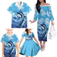 Hawaii Blue Marlin Fishing Family Matching Off The Shoulder Long Sleeve Dress and Hawaiian Shirt