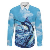 Hawaii Blue Marlin Fishing Family Matching Puletasi and Hawaiian Shirt LT05 Dad's Shirt - Long Sleeve Blue - Polynesian Pride
