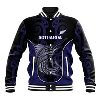 Personalised New Zealand Aotearoa Baseball Jacket Blue Marlin Fishing Maori Pattern LT05 Unisex Black - Polynesian Pride