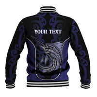 Personalised New Zealand Aotearoa Baseball Jacket Blue Marlin Fishing Maori Pattern LT05 - Polynesian Pride