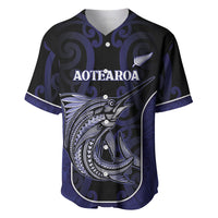 Personalised New Zealand Aotearoa Baseball Jersey Blue Marlin Fishing Maori Pattern