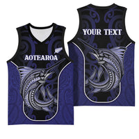 Personalised New Zealand Aotearoa Basketball Jersey Blue Marlin Fishing Maori Pattern